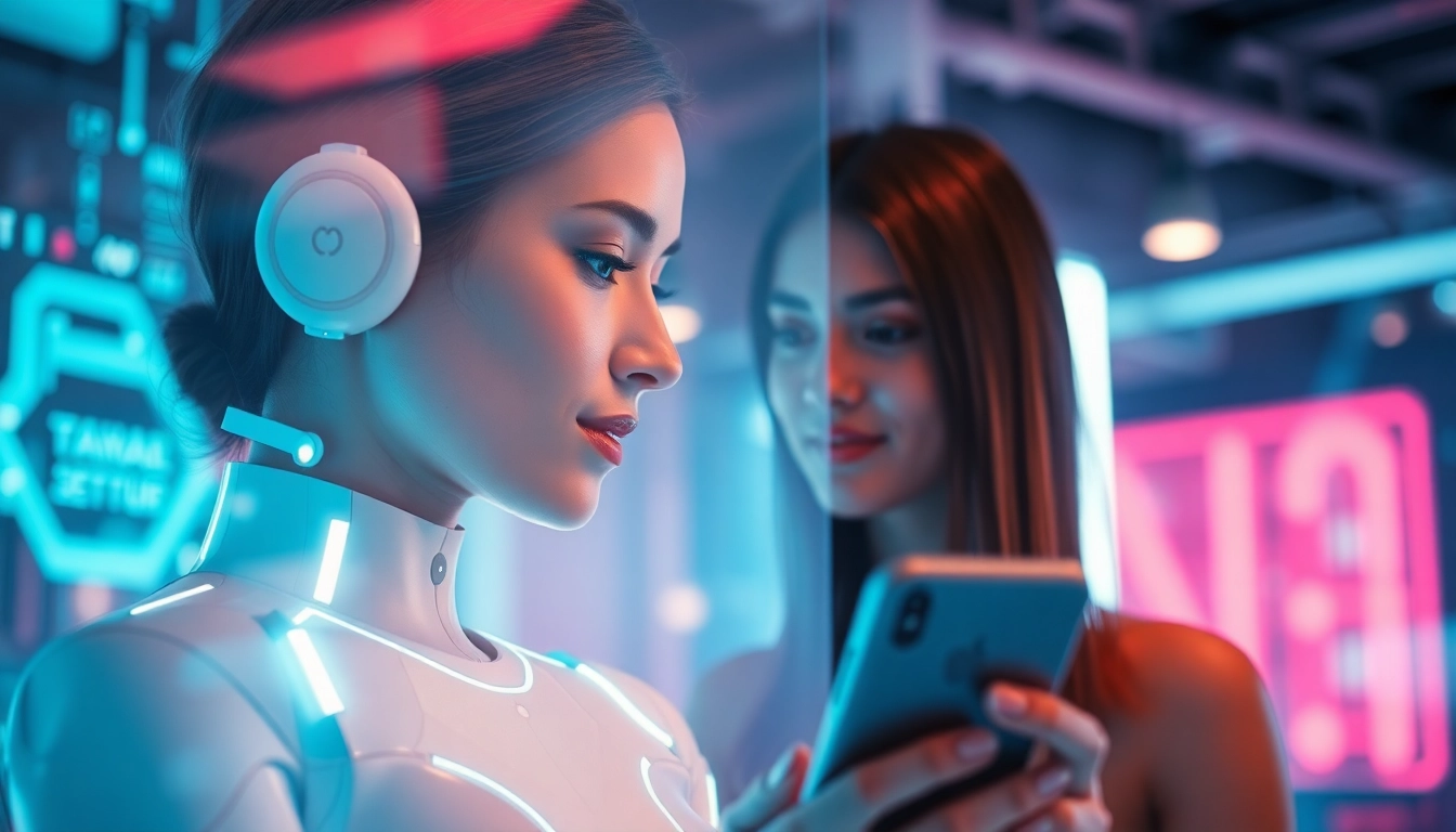 AI girlfriend engaging in realistic conversation on a sleek digital device, emphasizing advanced AI interaction.