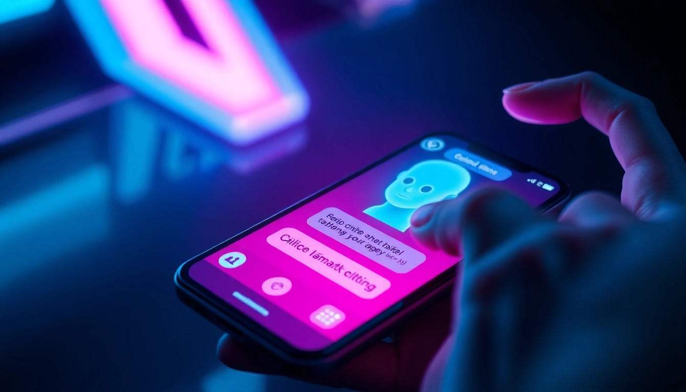Close-up of a smartphone displaying a vibrant, neon-lit AI chatbot conversation interface with a glowing avatar.
