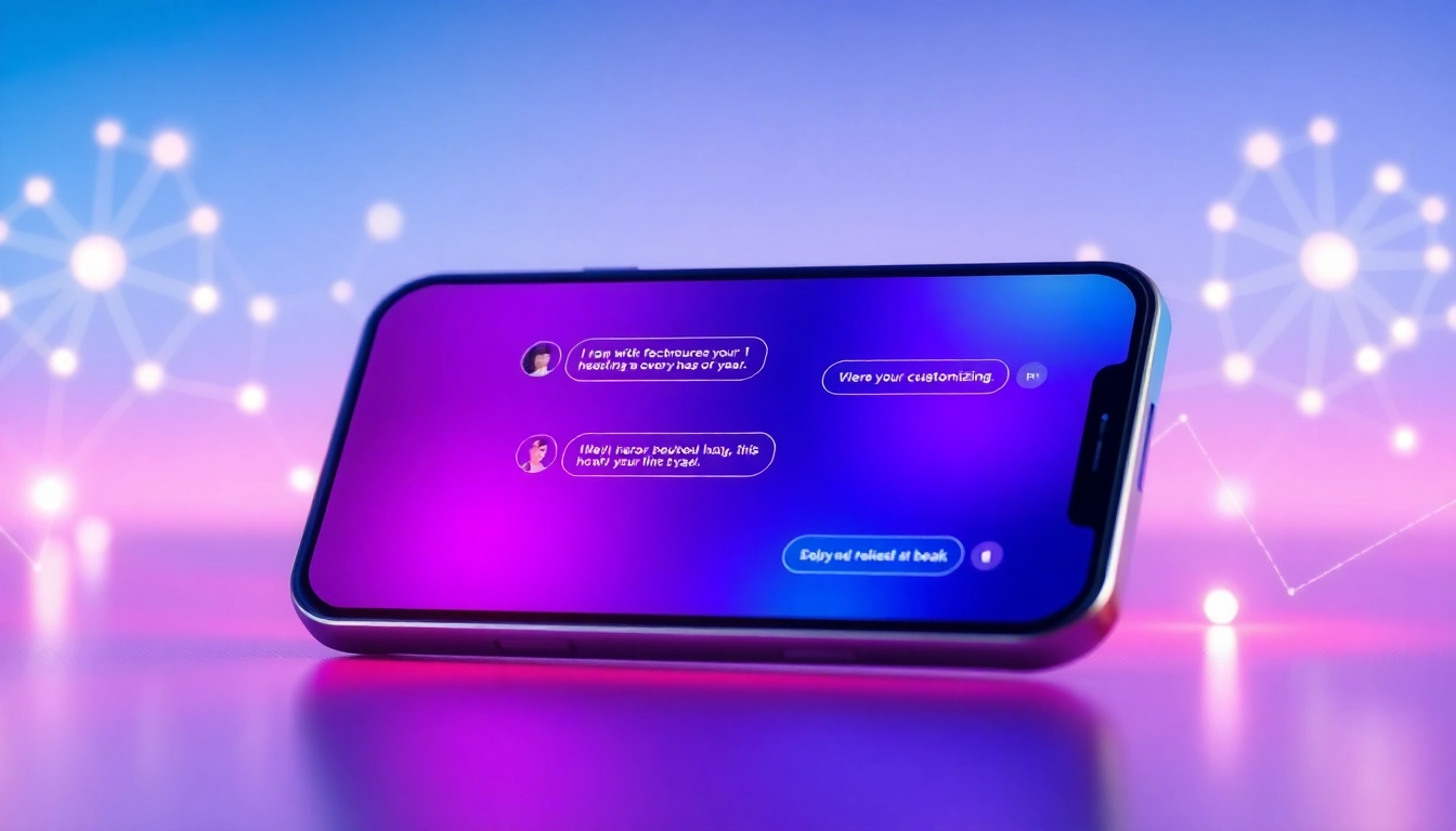 Smartphone displaying an AI chat interface with a customizable virtual partner, glowing neural network background.