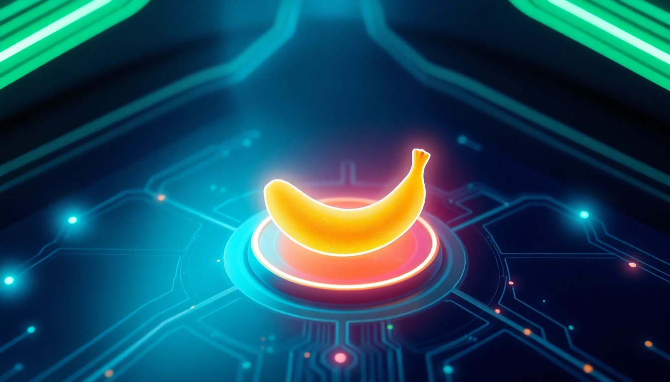 Futuristic AI interface with a glowing Nano Banana icon in a high-tech digital environment.