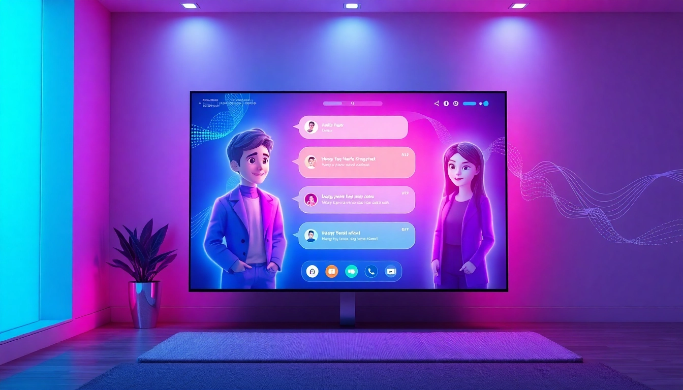 Futuristic digital chat interface with holographic AI characters in a modern, neon-lit room.