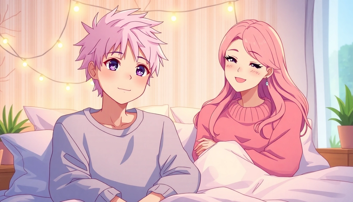 Anime-inspired scene of a femboy and a motherly figure in a cozy bedroom with warm lighting and soft textures.