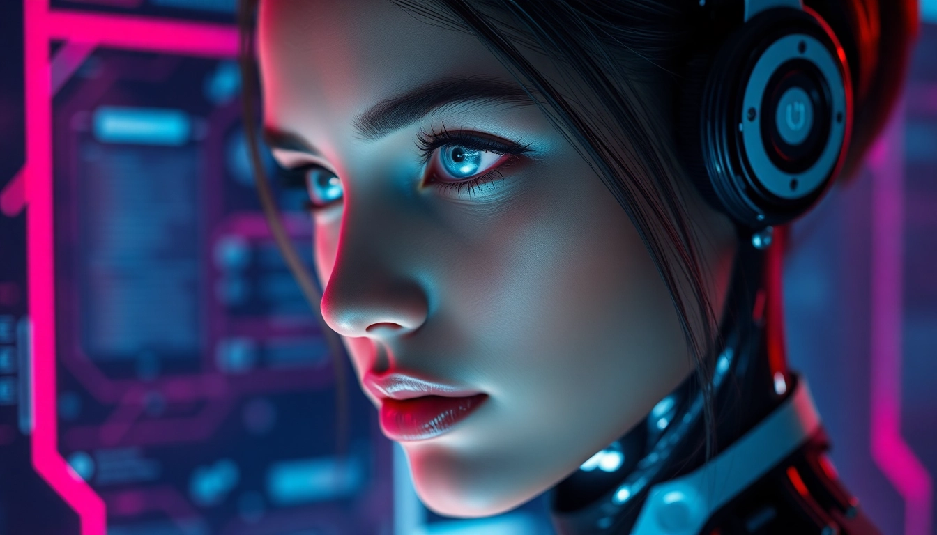 AI girlfriend engaging in a realistic unfiltered NSFW chat with vibrant digital ambiance, emphasizing intimacy and customization.