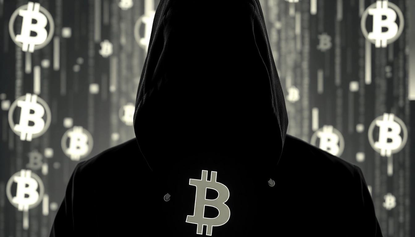 Satoshi Nakamoto silhouette with bitcoin symbols, symbolizing the mysterious creator of Bitcoin and blockchain innovation.
