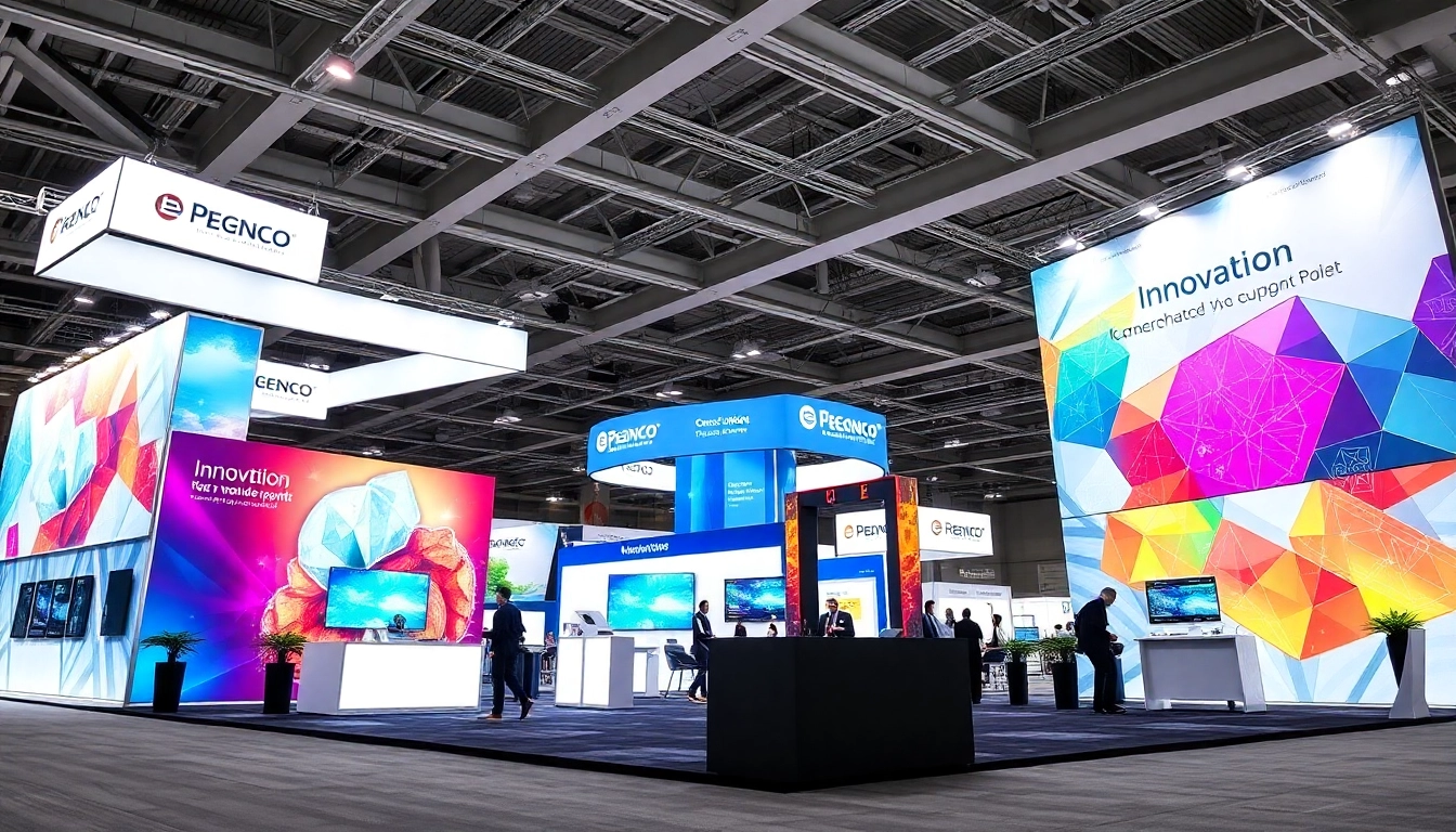 Trade show displays showcasing vibrant graphic panels and lighting, attracting attendees and