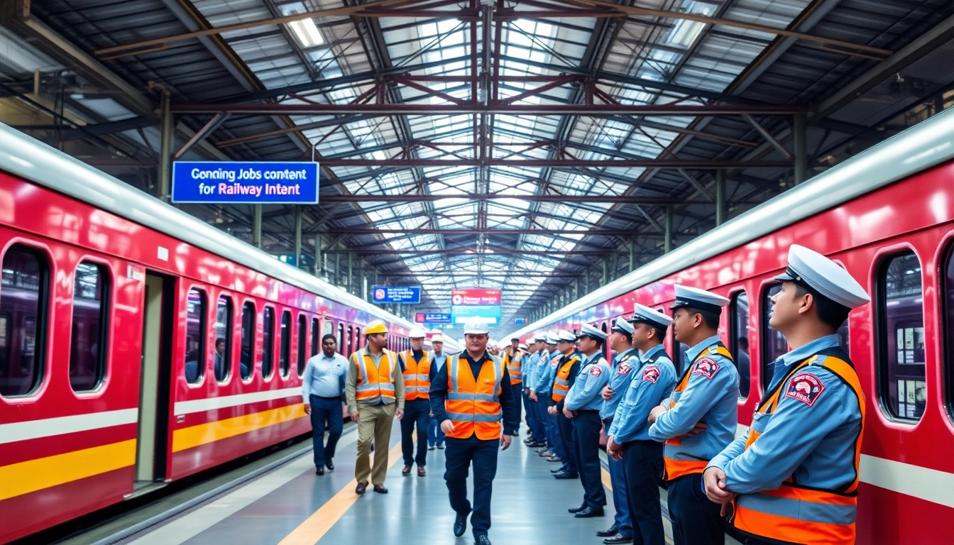 Railway Jobs recruitment poster showing workers at the station guiding candidates during