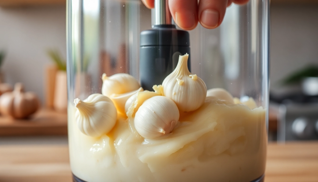 High-quality garlic paste showcasing fresh garlic cloves processed into smooth paste for